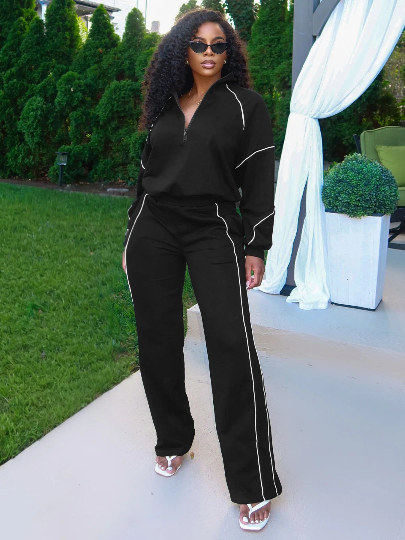 Sporty 2-Piece Set Women Zip Polo-Neck Drawstring Crop Tops+Stripe Pants Matching Simple Casual Tracksuit Streetwear