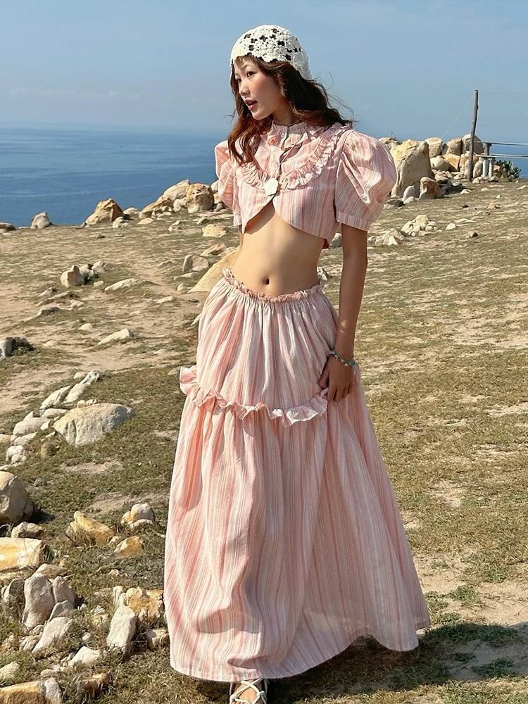 Stripe Print 2-Piece Set Women Y2K Button Puff Sleeve Irregular Crop Top+Edges Skirts Summer Streetwear Matching Suit