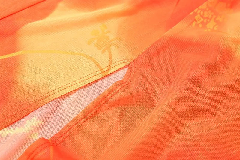 Orange Printed Mesh Split Dress Asymmetrical Halter Backless Maxi Dresses Summer Vacation Beach Outfits Women