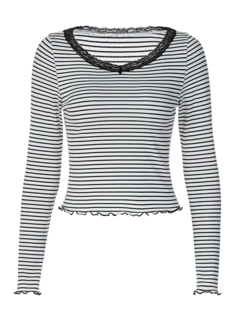Black-and-white Striped Knit T Shirts Woman Casual Lace Trim V Neck Long Sleeve Top Fall 2026