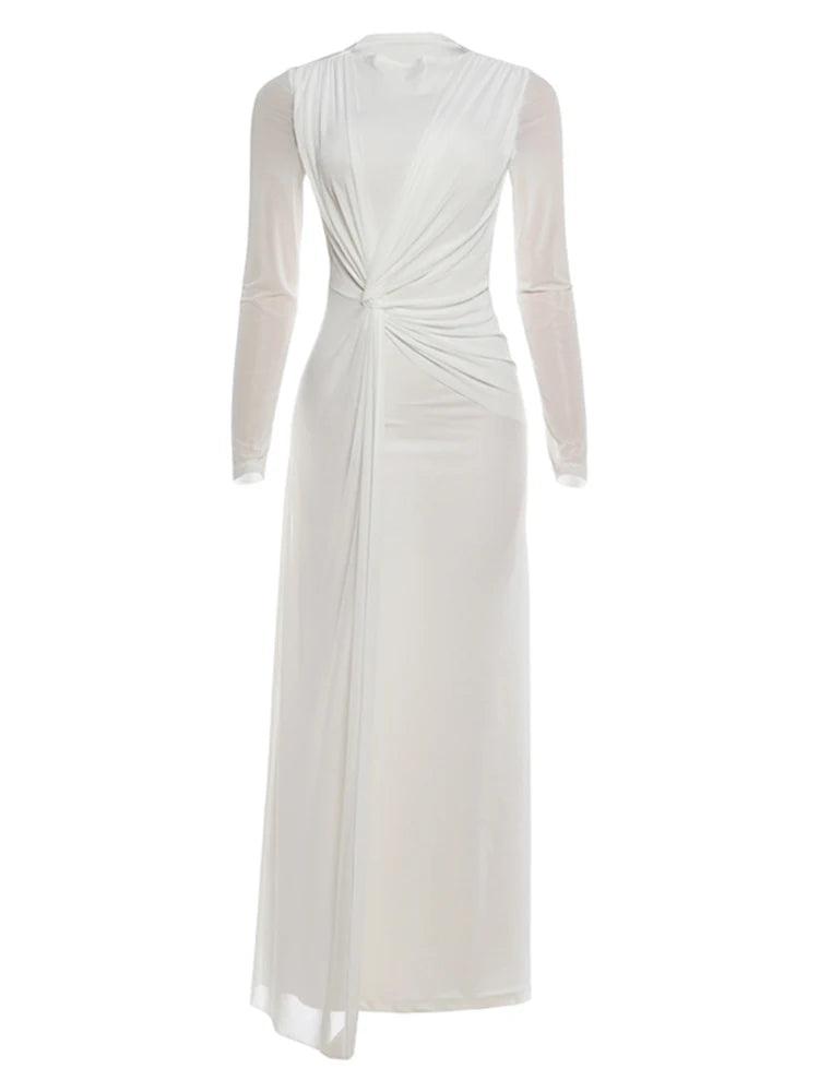 Ruched Elegant Long Dress Woman Autumn Trend o-Neck Mesh Patchwork Full Sleeve Ribbon Decoration Party Gown Vestidos
