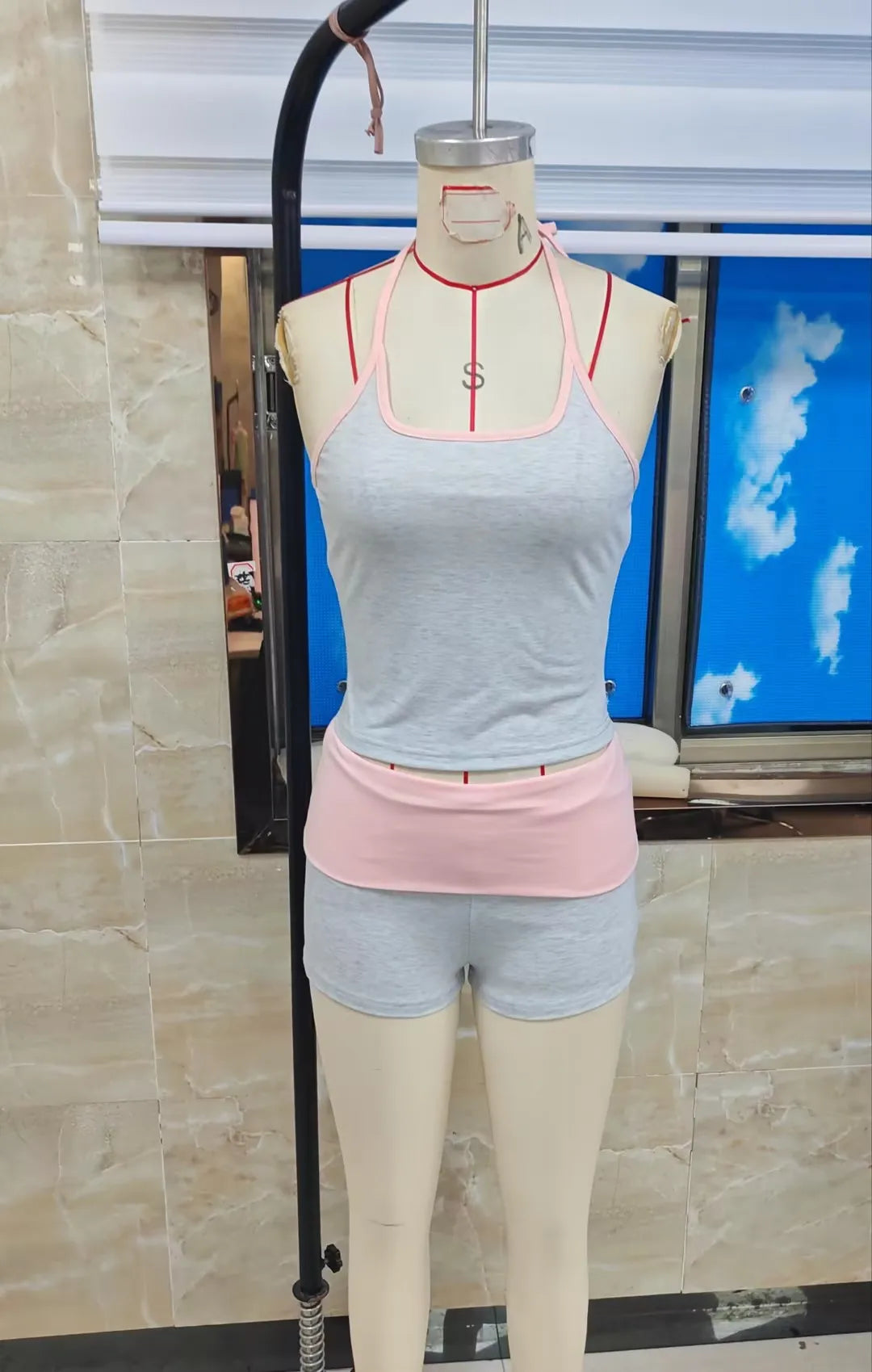 Women 2 Piece Loungewear Set Gray Pink Contrast Trim Halter Neck Crop Top And Foldover Waist Mini Shorts Y2K Streetwear
