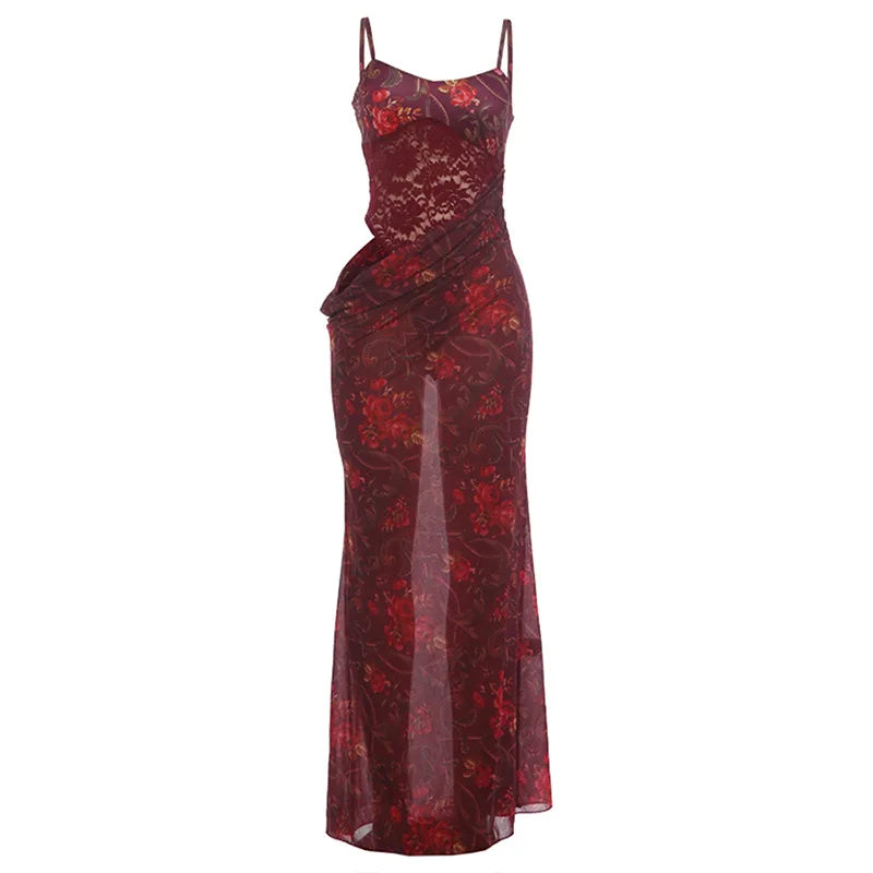 Floral Print Burgundy Maxi Dresses for Woman Sexy Bodysuit Mesh Patchwork Party Dress 2026