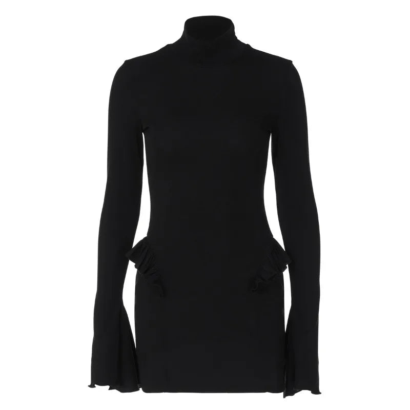 Ruffled Turtleneck Flare Sleeve Mini Dresses Fall Clothes 2024 Women Fashion Sexy Black Bodycon Dress