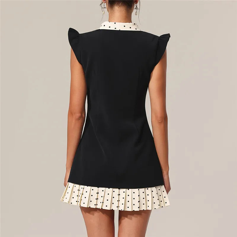 Women's Y2K Dots Print Patchwork Mini Dress Summer Fashion Flying Sleeve Bow Tie Neck Pleated Hem Short Dress