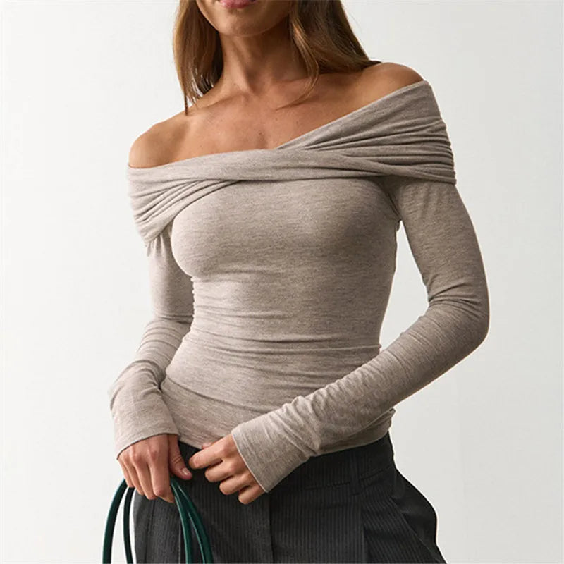 French Coquette Off Shoulder Twist Top For Women Long Sleeve Slim Ruched Basic Tee Casual Daily Going Out Blouse Top