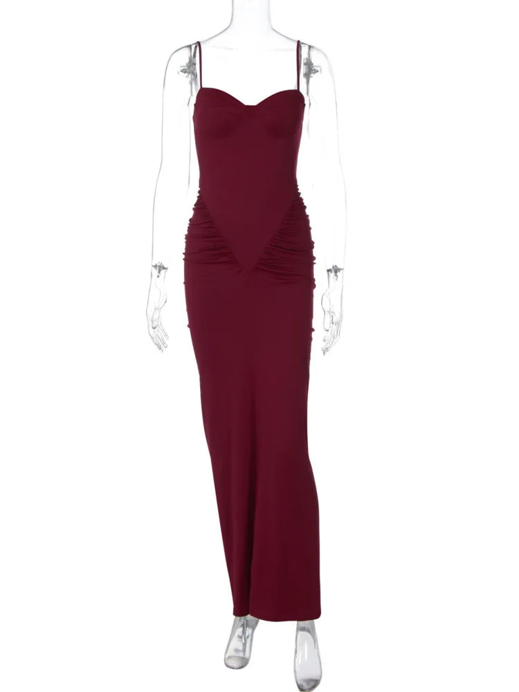 Women Burgundy Sexy Maxi Dress Elegant Spaghetti Strap Sleeveless Backless Ruched Bodycon Club Party Long Dresses