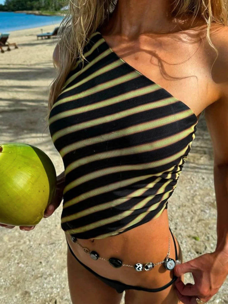 Striped Print Asymmetrical Crop Top Sexy Lace Up One Shoulder Tank Tops Resort Wear Summer Clothes Women