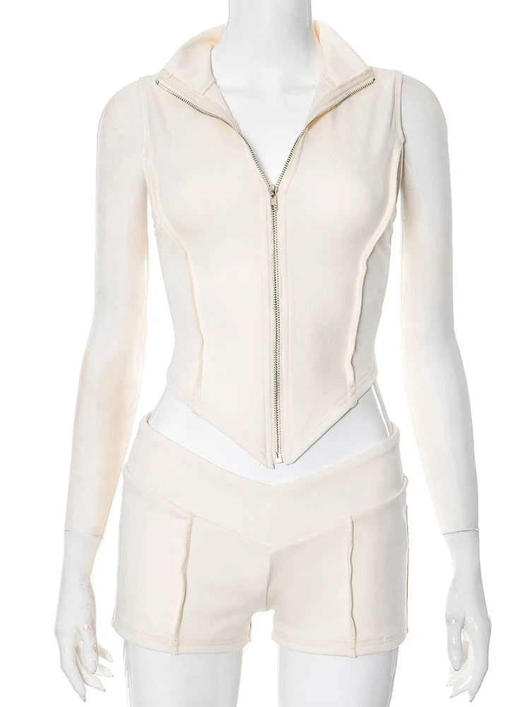 Patchwork 2 Piece Set Women Tracksuit Irregular Tank Top+Peach Hip Zip Shorts Simple Casual Skinny Sporty Streetweas