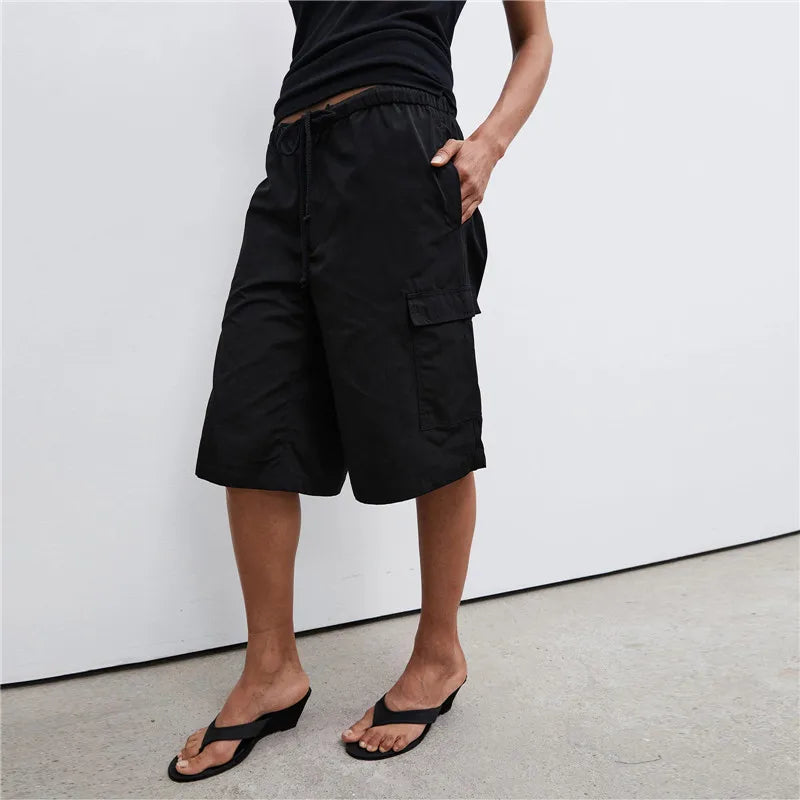 Elastic Drawstring Cargo Bermuda Shorts Women Multi Pocket Loose Wide Leg Knee Length Baggy Capri Culottes Y2KStreetwear