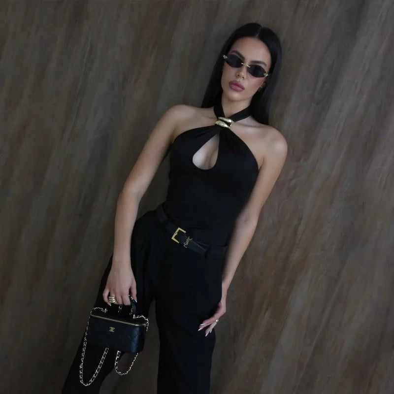 Hardware Detail Hollow Cross Halter Neck Crop Tops Women Sexy Backless Tank Top Black Summer 2025