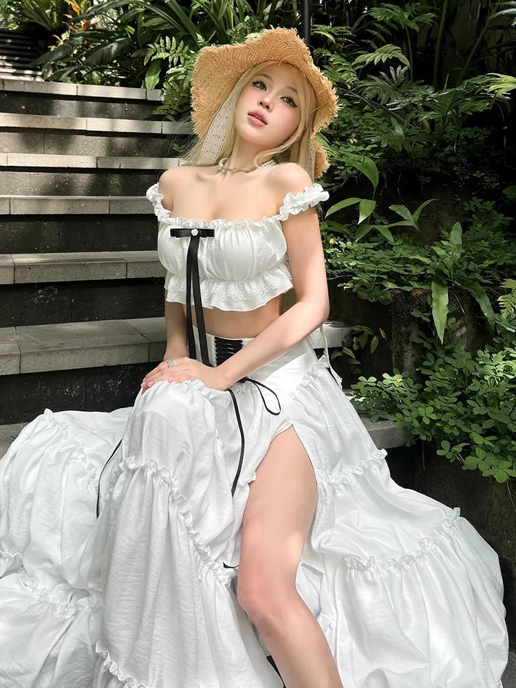 Sweet 2-Piece Set Women Y2K Slash neck Patchwork Lace Bow Crop Tops+High Split Bandage Skirts Matching Vacation Suits