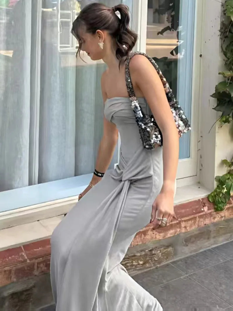 Solid Twisted Draped Strapless Backless Long Dresses Elegant Holiday Summer Dress Woman 2025