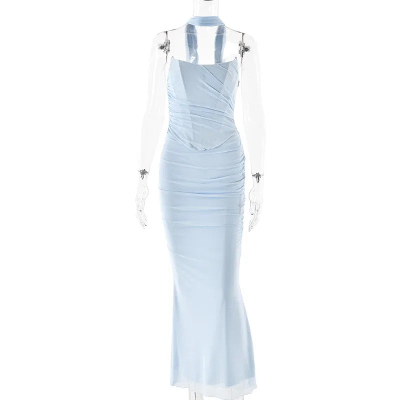 Sexy 2 Piece Set Mesh Strapless Corset Top and Maxi Skirt Co Ord Sets for Woman Elegant Party Outfit