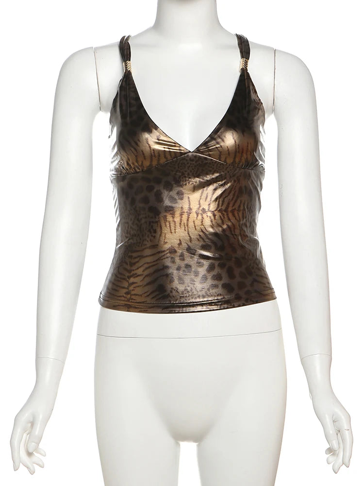 Leopard Print Tank Tops Women Summer Trend Sexy Low-Neck Cross Knot Backless Spicy Girls Fashion Skinny Streetwear