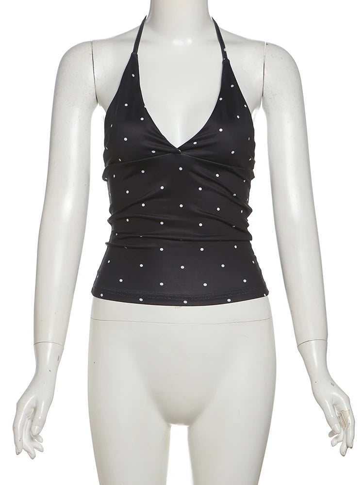 Polka Dot Print Tank Tops Women V-Neck Halter Lace-Up Backless Sleeveless Skinny Sexy Daily Street Summer Basic Vest