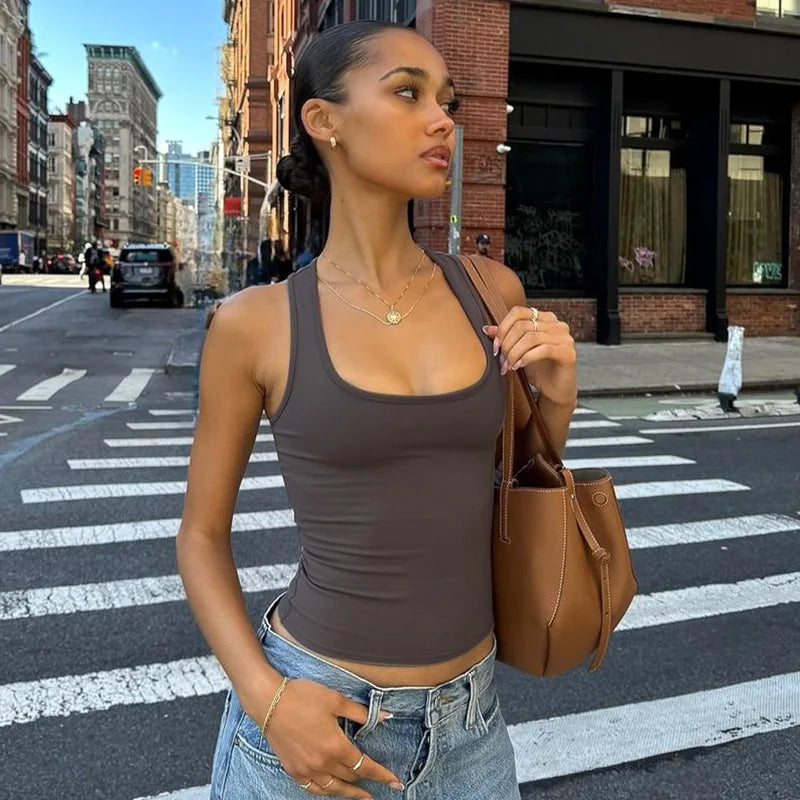 Square Neck Sleeveless Cropped Tops for Woman Summer Clothes Basic Casual Solid Color Tank Top Trending 2025