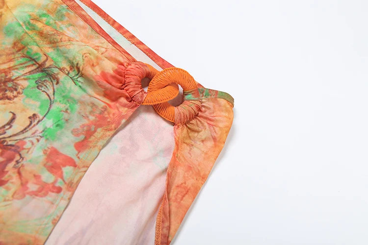 Sexy Colorful Print 3 Piece Set Women Y2K Double Buckle Tube Bra+Thong+Split Skirts Vacation Beach Swimsuit Clubwear