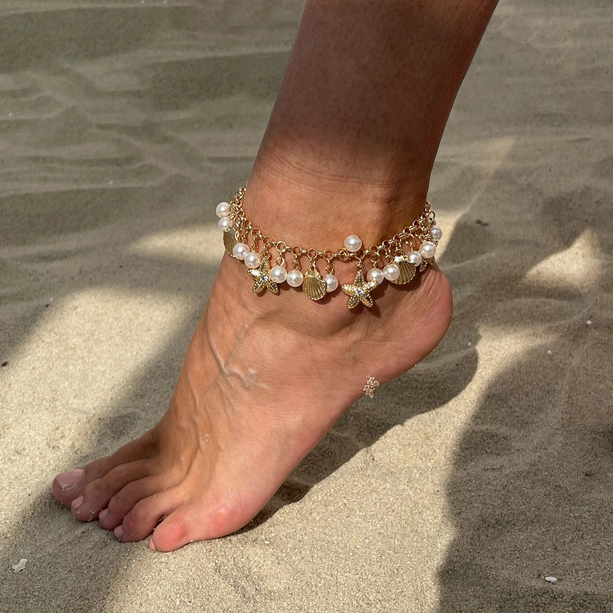 Boho Starfish Scallop Tassel Pendant Anklet for Women Summer Beach Vintage Metal Chain Barefoot Ankle on Leg Jewelry