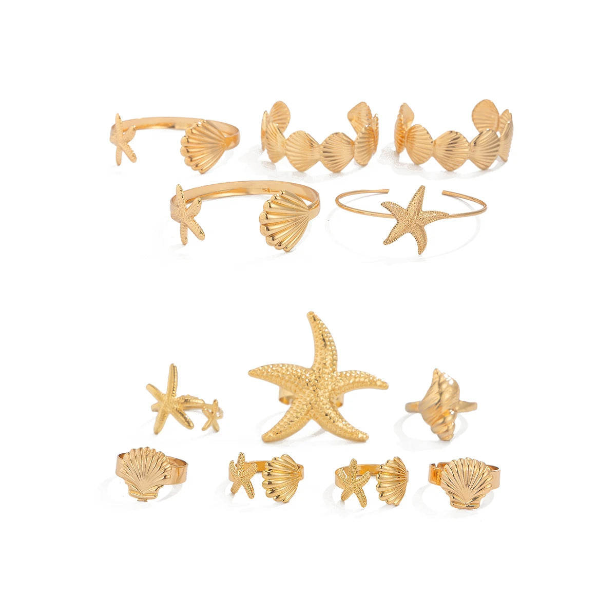 12Pcs/Set Punk Starfish Scallop Open Cuff Bangles Adjustable Rings for Women Boho Armband Bracelets Summer Jewelry Set