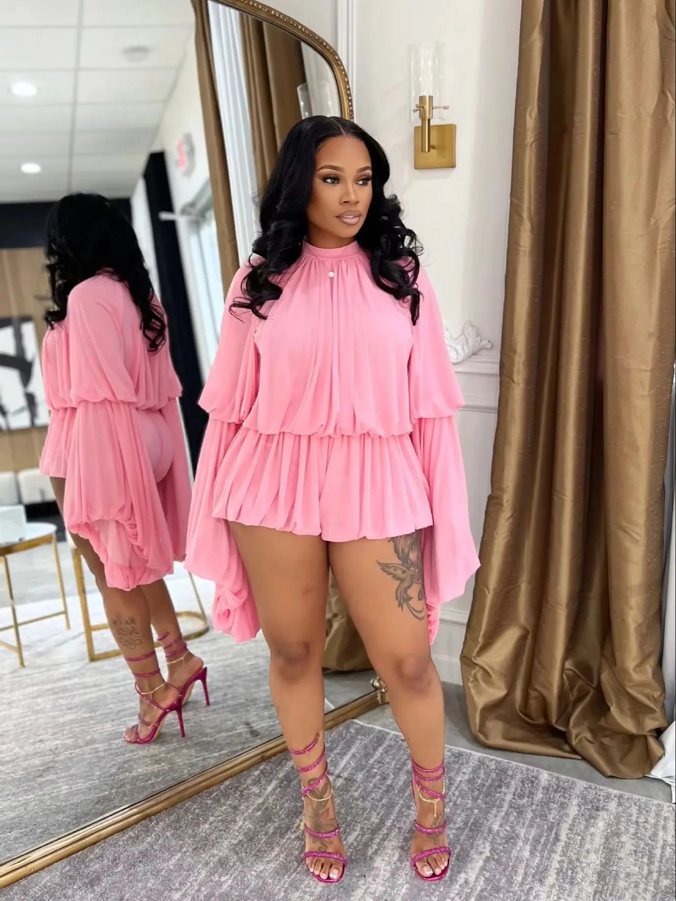 Lantern Sleeve 2 Piece Set Women Sexy Solid O-Neck Ruffled Hem Tops+Shorts Matching Birthday Party Vacation Outfits