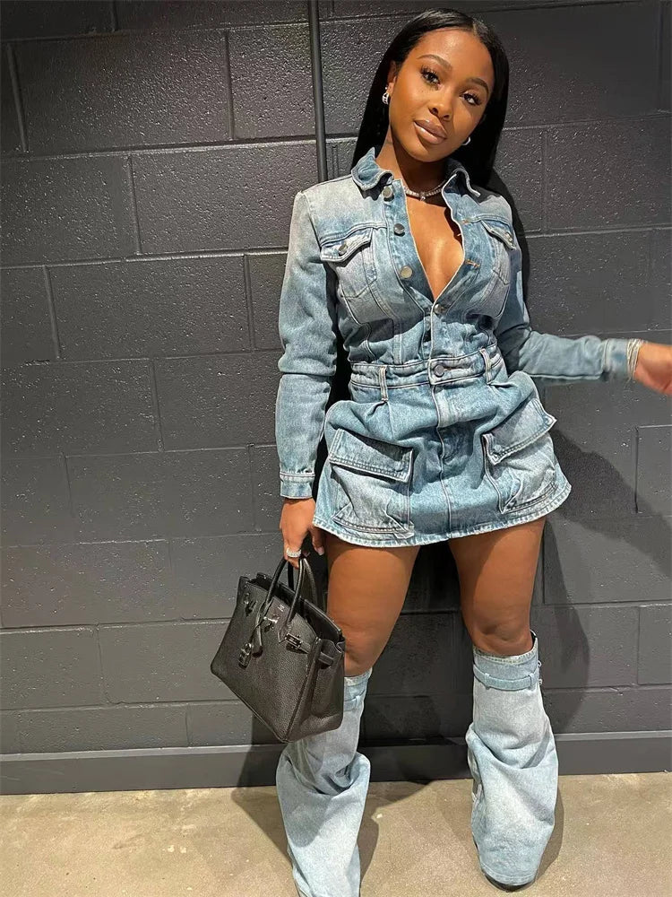 Denim 2Piece Set Women Patchwork Single-Breasted Dress+Zip Metal Trim Leg Sleeve Hottie Trend Street Vintage Outfits