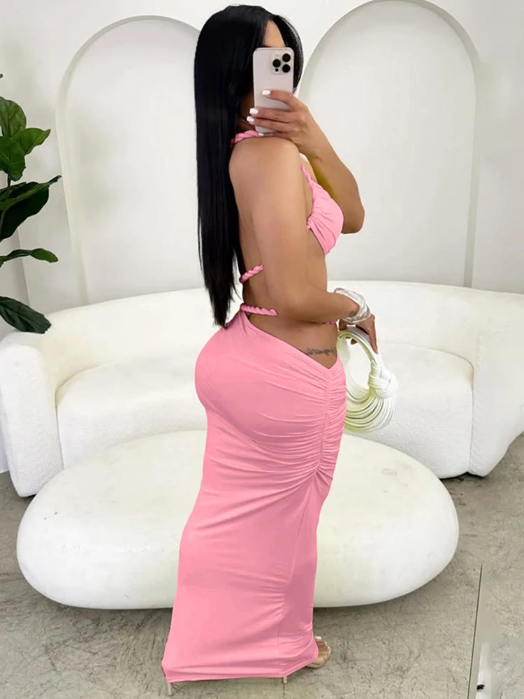 Summer Trend 2 Piece Set Women Irregular Skew Collar Bandage Backless Tops+Ruched Skirts Beach Vacation Elegant Suit