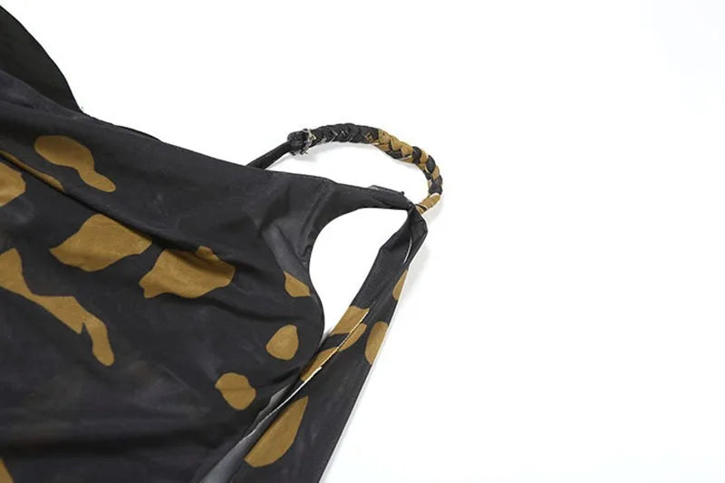 Retro Print Mesh Sheer Sexy One Shoulder Backless Split Long Dresses European Style Clothes Woman Resort Wear