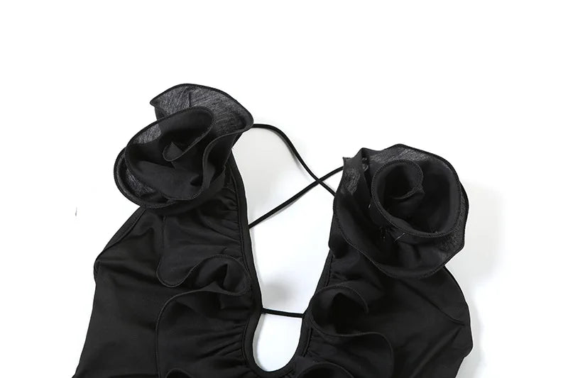 Sexy Black Mesh Jumpsuit Floral Appliques Ruffle Deep V Backless Flare Jumpsuits Women Birthday Outifts