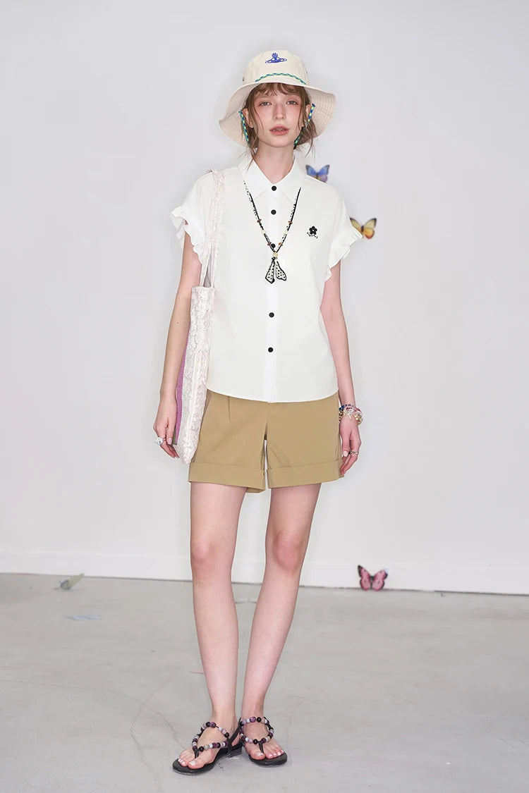 Solid White Collared Shirt, Embroidered Short Sleeve Blouse, Preppy Necktie Decor Casual Top for Women
