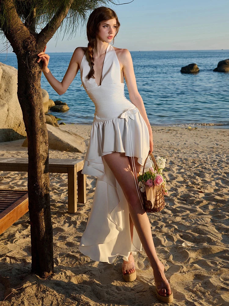 Flower Appliques Dress Women Backless Lace-Up Halter Sleeveless Solid Ruffles Patchwork Midnight Club Party Bodycon