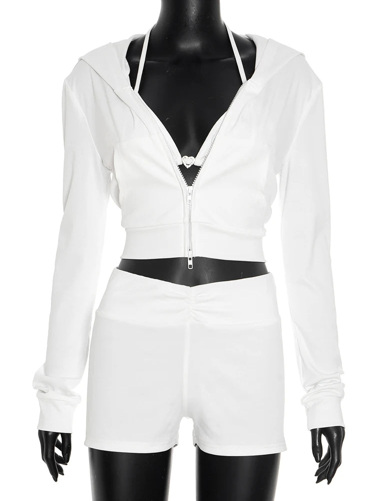 Sexy 3-Piece Set Women Halter Lace-Up Chic Bra Tops+Hooded Zip Coat+Shorts Matching Stretch Casual Vacation Outfits