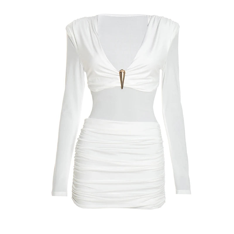 Metal Decoration Dress Women v-Neck Full Sleeve Folds Elasticity Skinny Autumn Fashion Party Classic Mini Bodycon