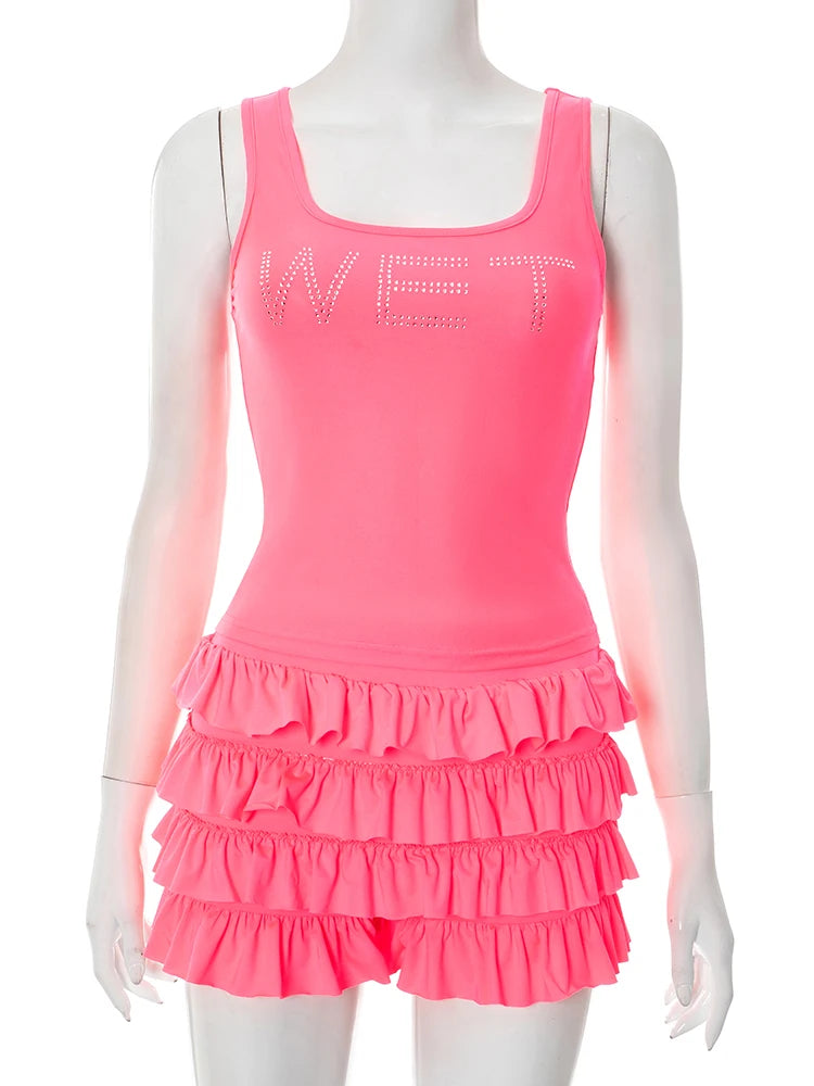 Sexy Fashion 2 Piece Set Women Rhinestones Letter Print Tank Tops+Ruched Tierred Shorts Hot Girls Hipster Streetwear