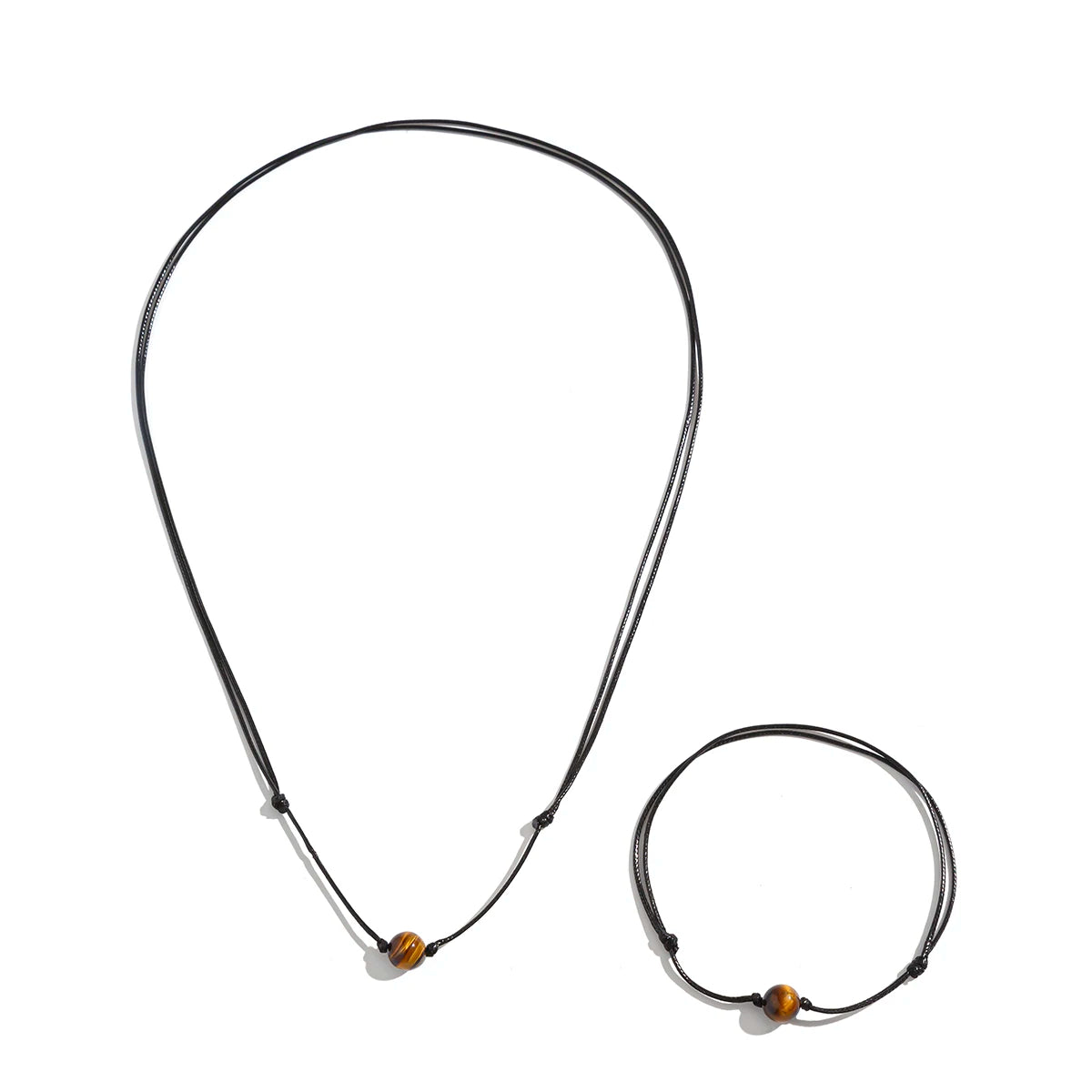 2Pcs Goth Simple Black Leather Wax Thread Chain Necklace Bracelet for African Men Stone Beads Choker Male Jewelry Set