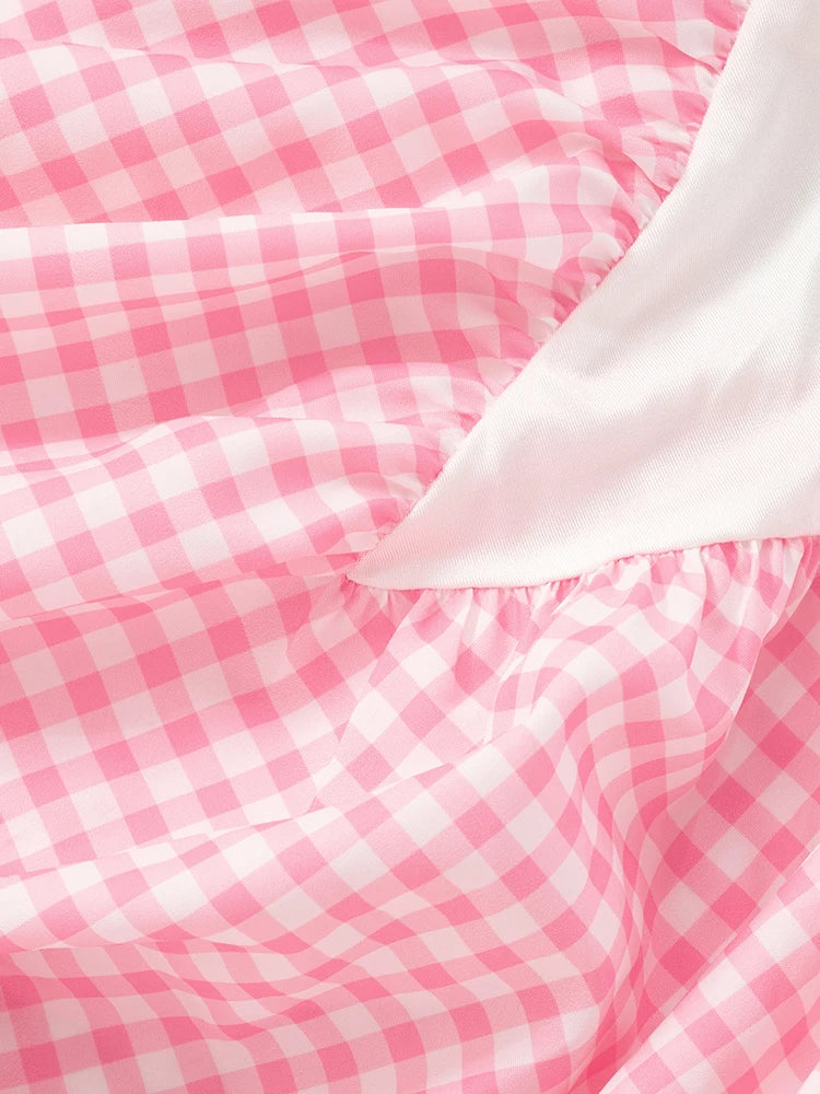 Patchwork Plaid Maxi Dress Women Square Collar Sleeveless Folds Loose Hem Summer Midnight Birthday Party Vestidos