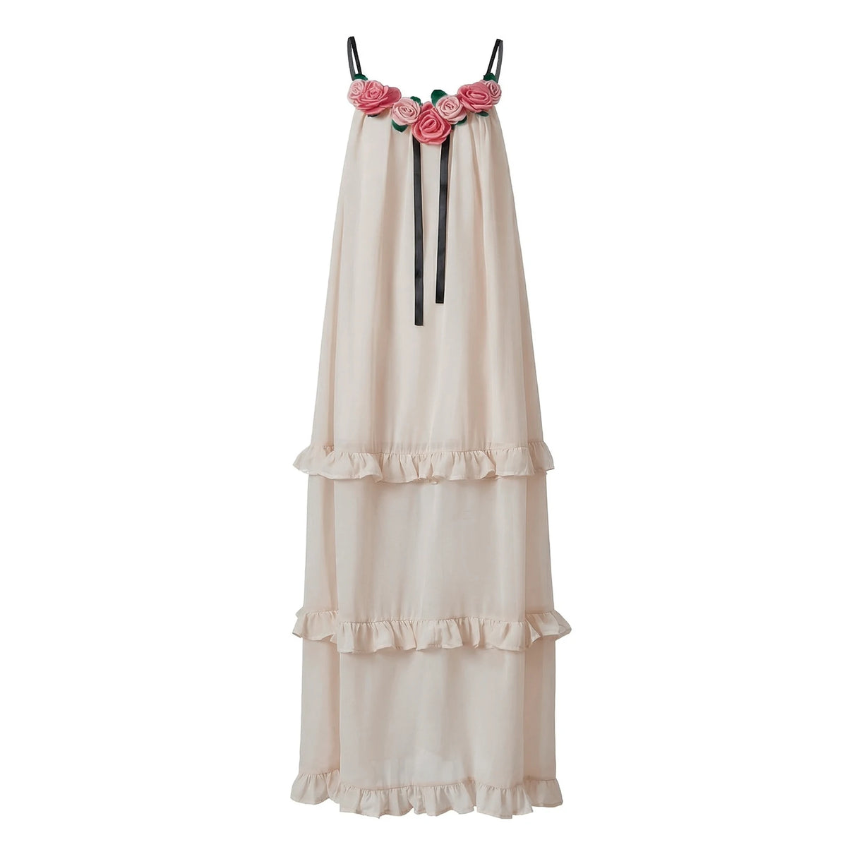 Women Long Dress 3D Floral Decor Sleeveless V-Neck Cami Dress Summer Fashion Ruffles Casual Spaghetti Strap Party Dress