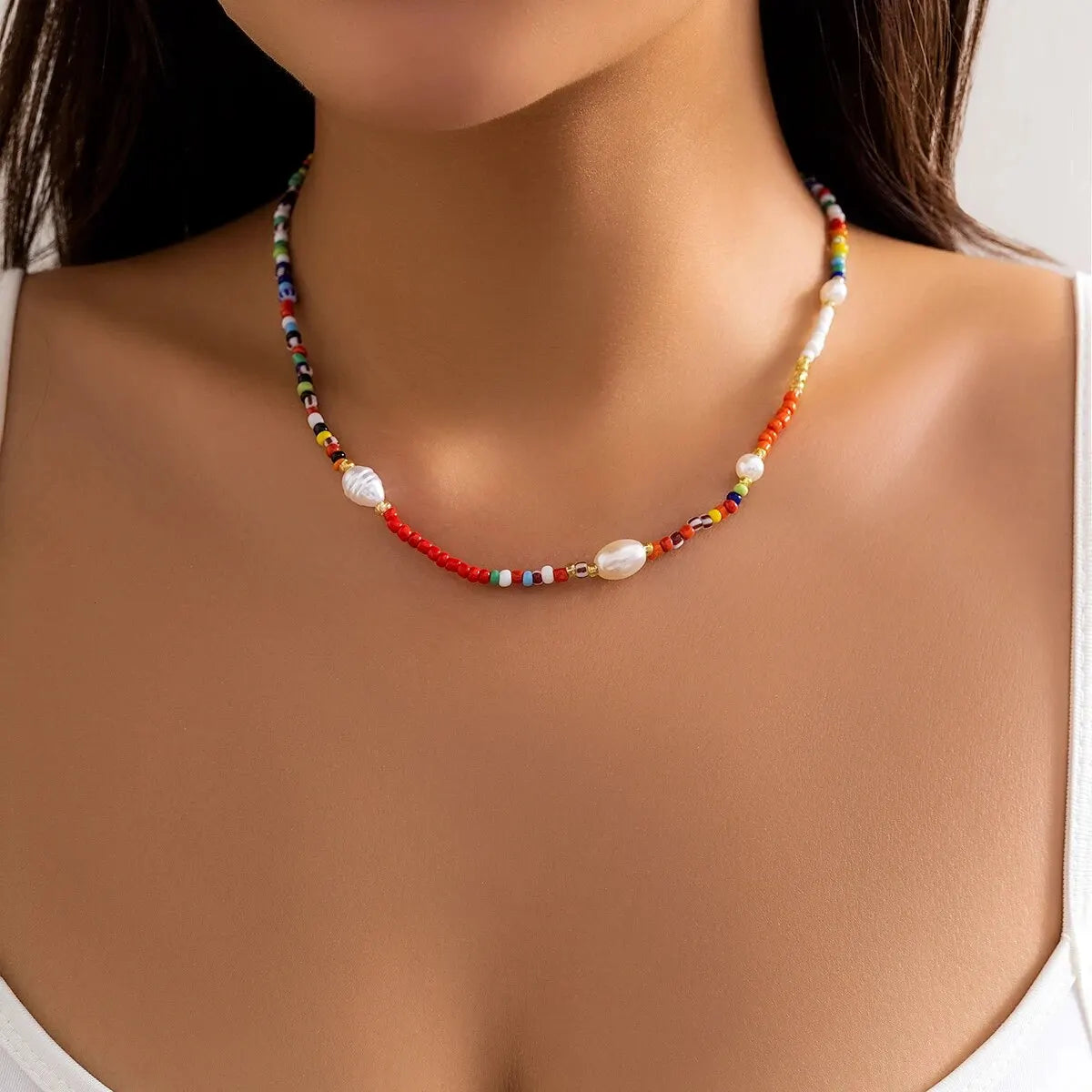 Cute Hip Hop Colorful Rice Beads Short Chokers Necklaces for Women Sweet Bohemian Imitation Pearl Neck Chain Girls Party Jewelry