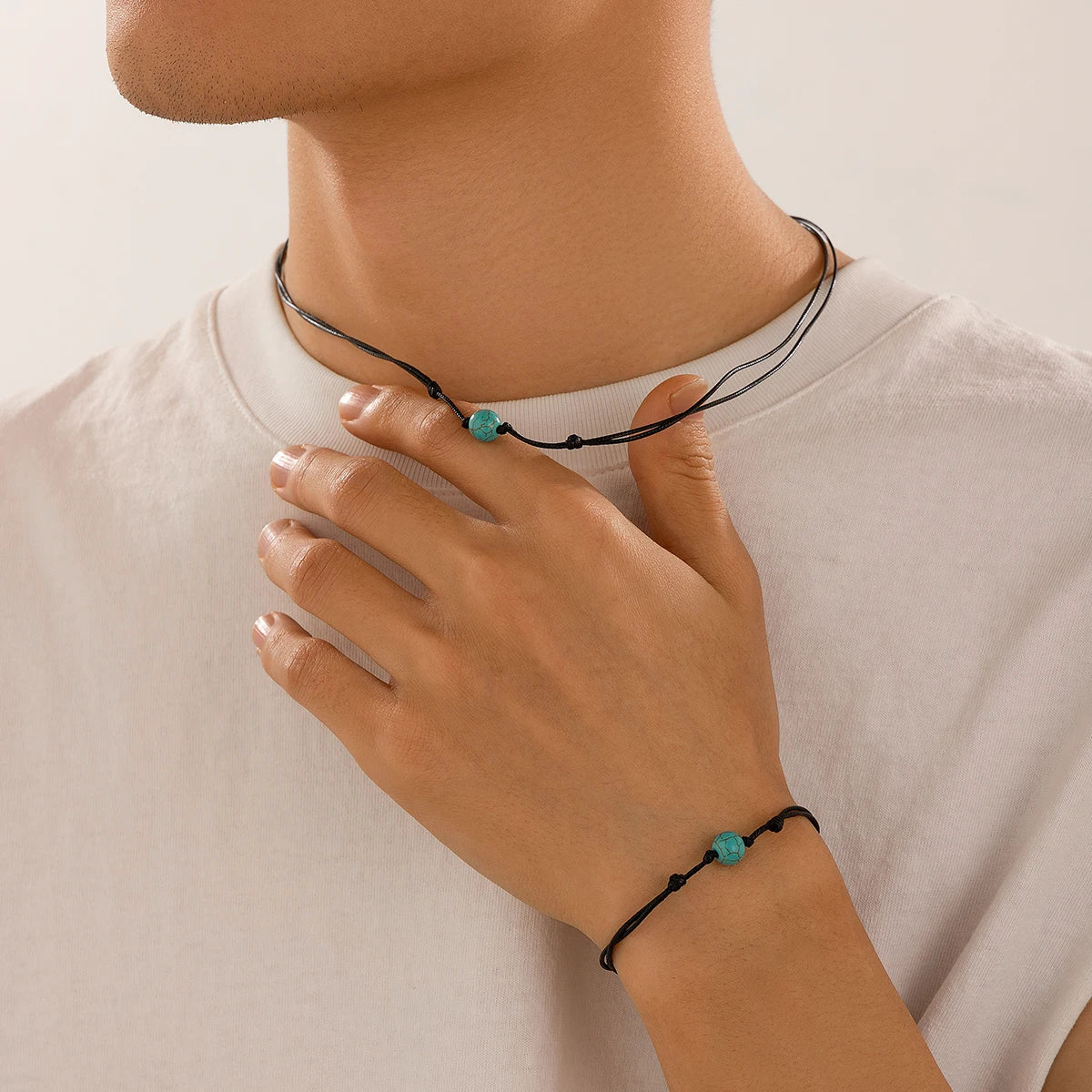 2Pcs Goth Simple Black Leather Wax Thread Chain Necklace Bracelet for African Men Stone Beads Choker Male Jewelry Set