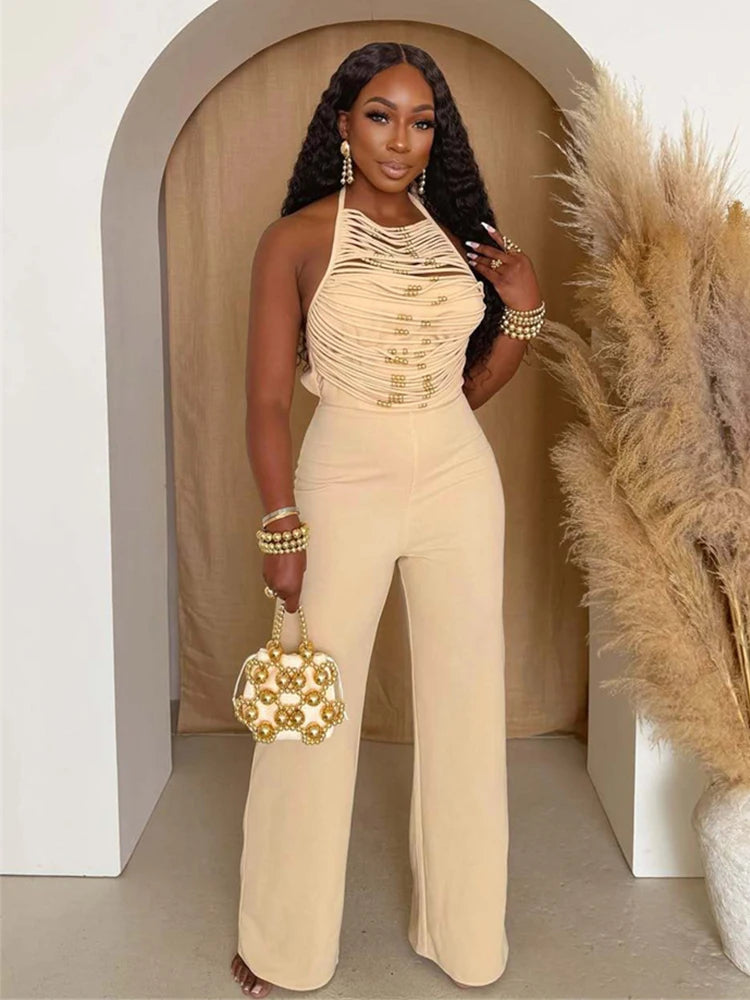 Sexy Hollow Beads Decoration Flared Jumpsuits Women Lace-Up Halter Sleeveless Backless 2025 Street New Trend Overalls