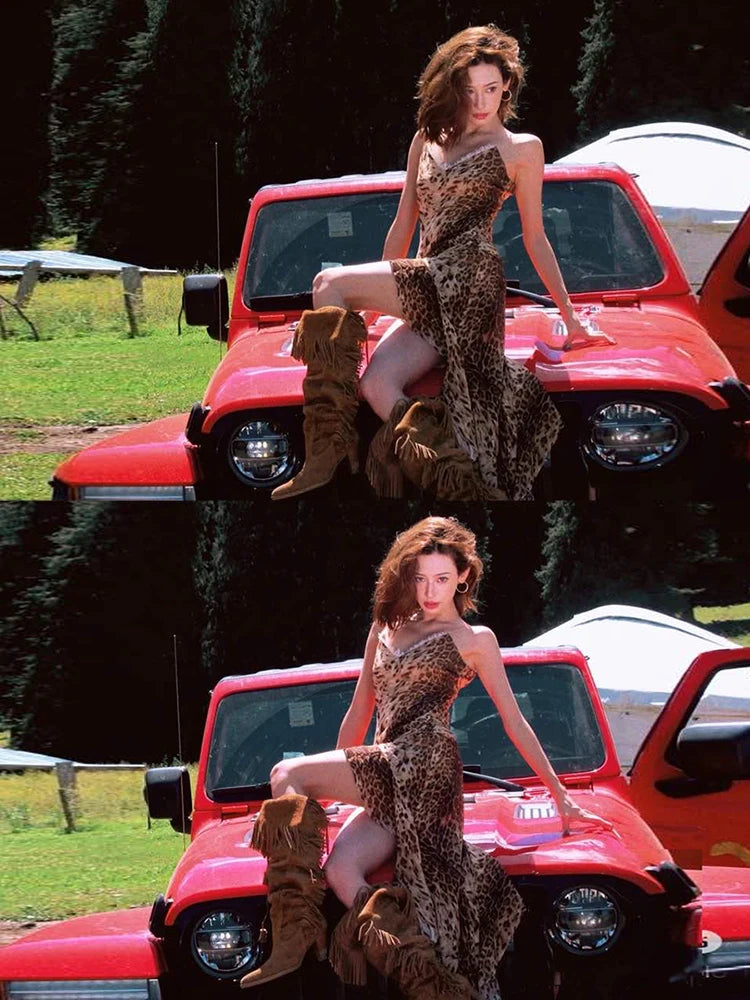 Sexy Leopard Slip Dress Women Irregular Seashell Ruched Tail Swing Skinny Club Beach Vacation Music Festival Bodycon