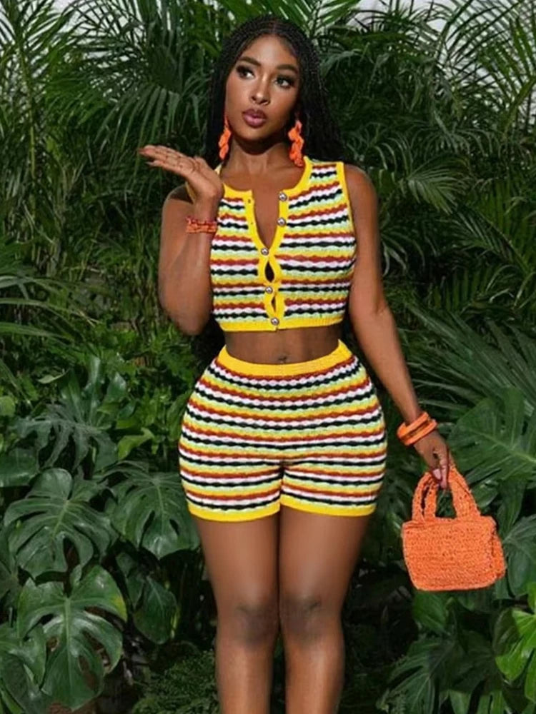 Colorful Stripe 2 Piece Set Women Tracksuit Crochet Single-Breasted Crop Tops+Shorts Street Classic Matching Suit