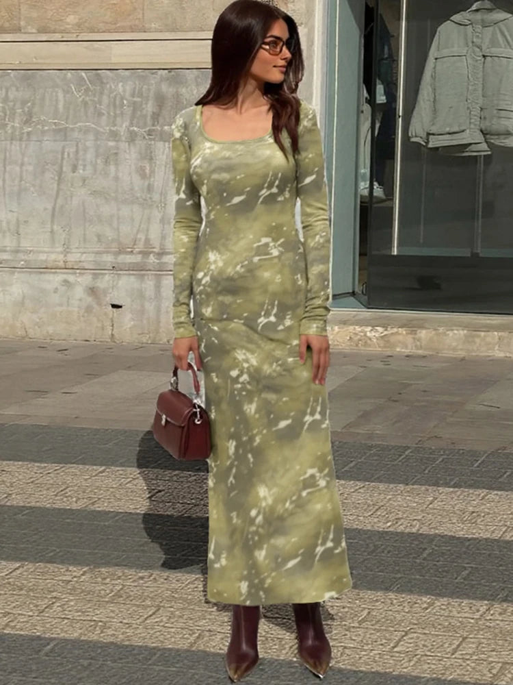 Tie Dye Elegant Maxi Dress Women U-Neck Long Sleeve Sexy Autumn Trend Simple Evening Stretchy Skinny Clubwear Bodycon