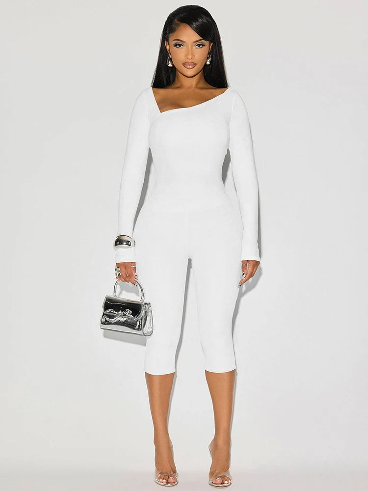 Sporty 2 Piece Set Women Tracksuit Casual Skew Collar Crop Top+Skinny Peach Hip Pants Matching Streetwear Outfits