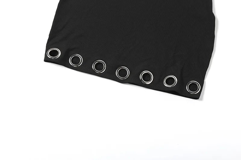 Eyelets Decor Halter Backless Mini Dresses for Woman 2026 Sexy Club Outfits Black Bodycon Dress