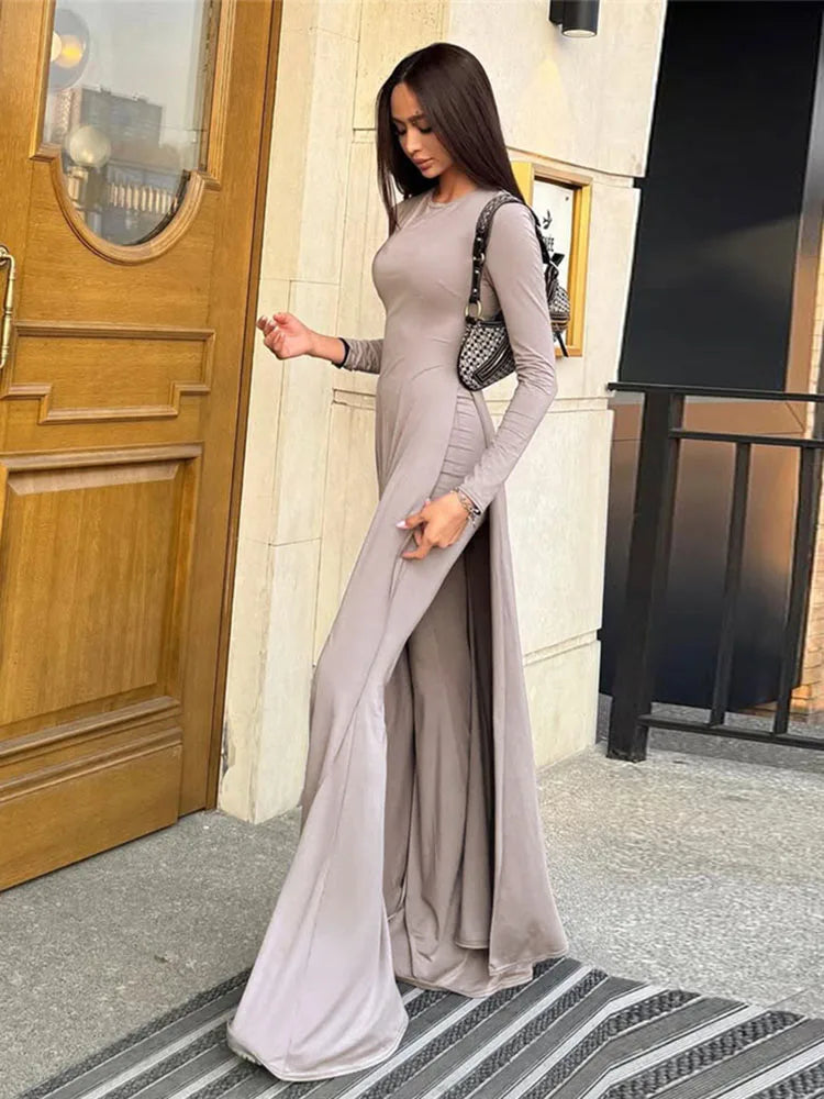Casual Elegant 2 Piece Set Women o-Neck Skinny High Splits Maxi Dress+Solid Straight Pants Daily Simple Fashion Suit