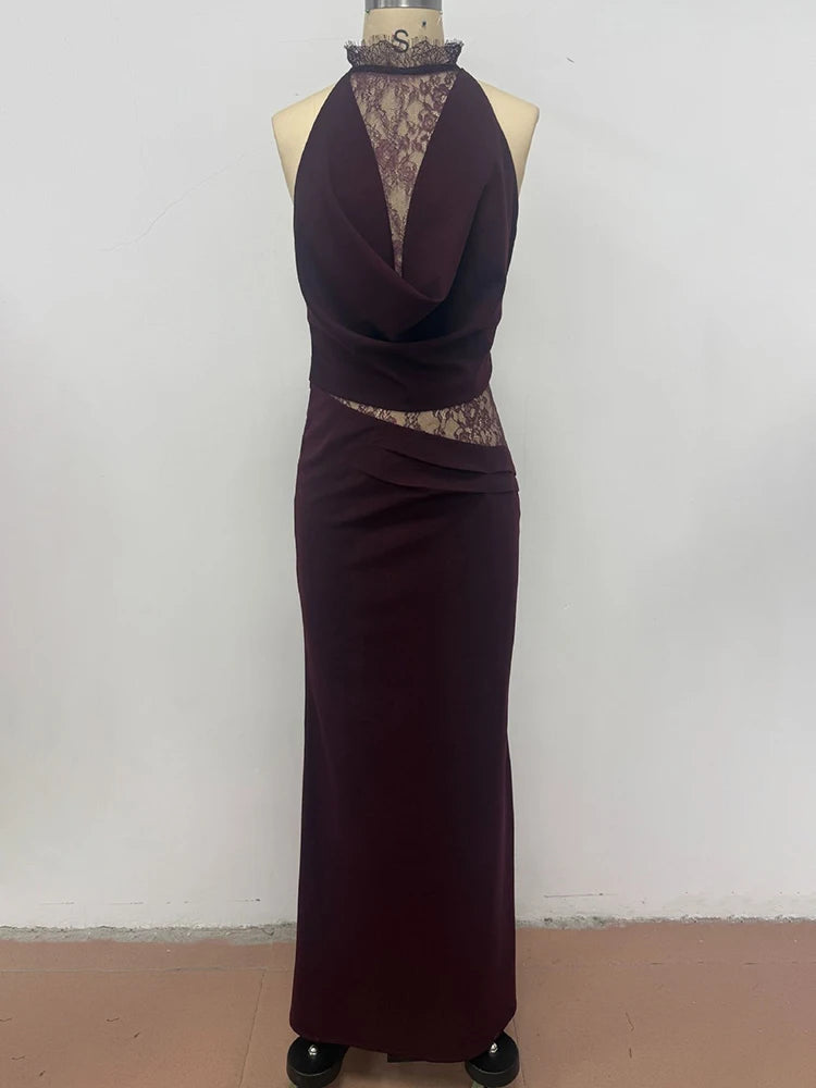 Lace Hollow Out Backless Sexy Maxi Dress Women Gown Elegant Sleeveless High Waist Ruched Bodycon Club Party Long Dress
