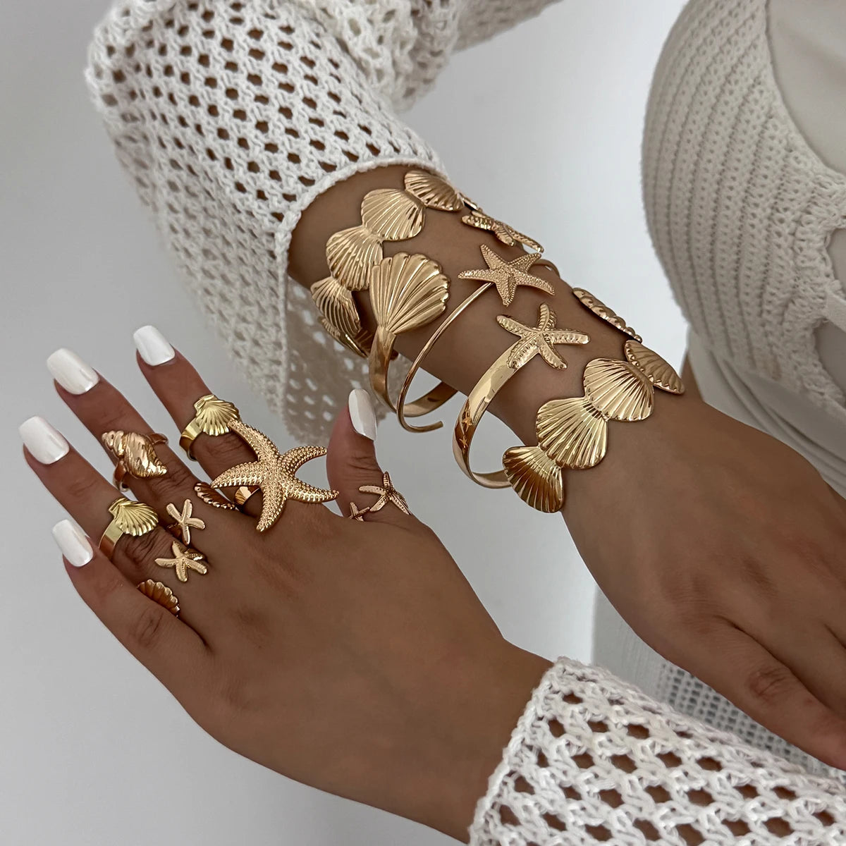 12Pcs/Set Punk Starfish Scallop Open Cuff Bangles Adjustable Rings for Women Boho Armband Bracelets Summer Jewelry Set