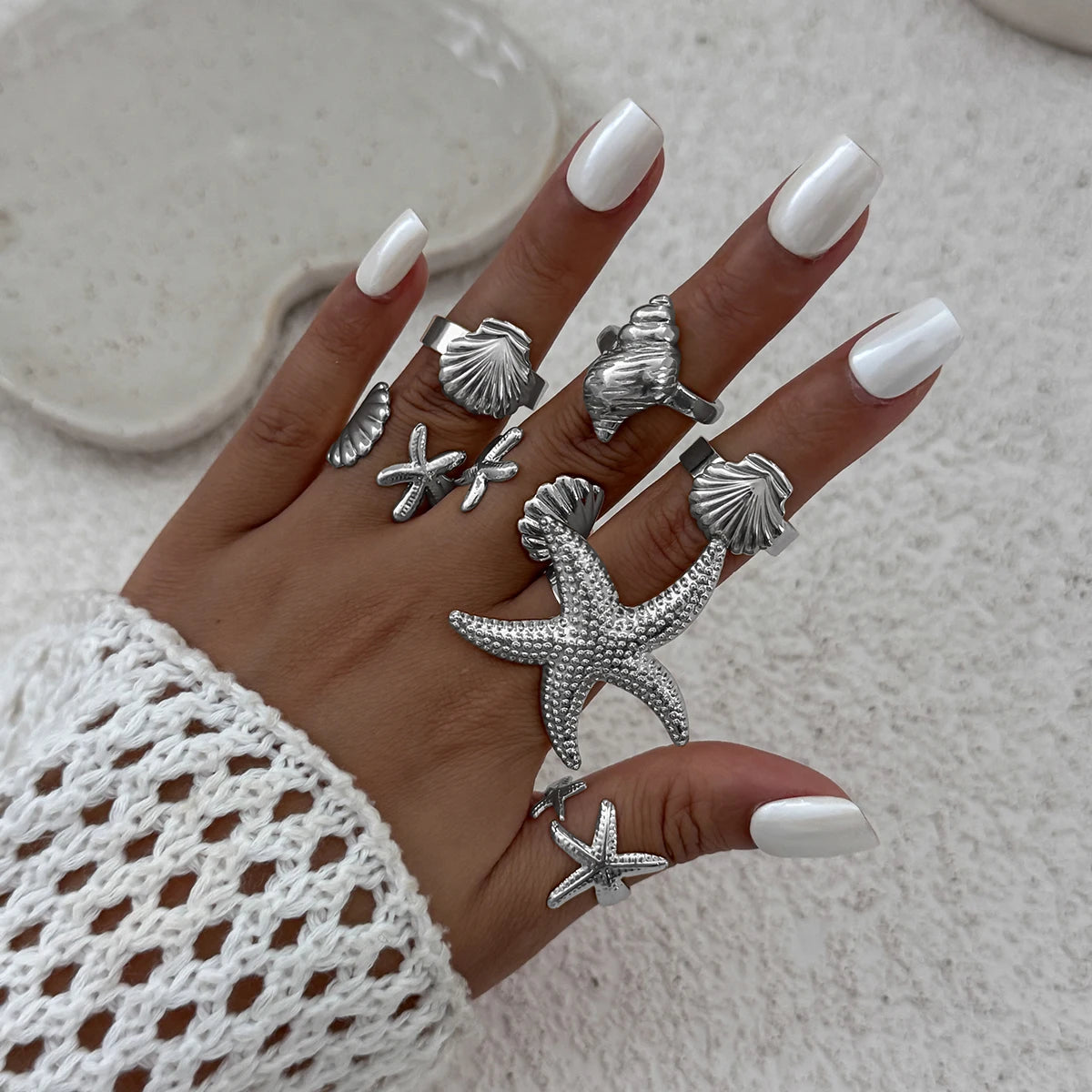 12Pcs/Set Punk Starfish Scallop Open Cuff Bangles Adjustable Rings for Women Boho Armband Bracelets Summer Jewelry Set