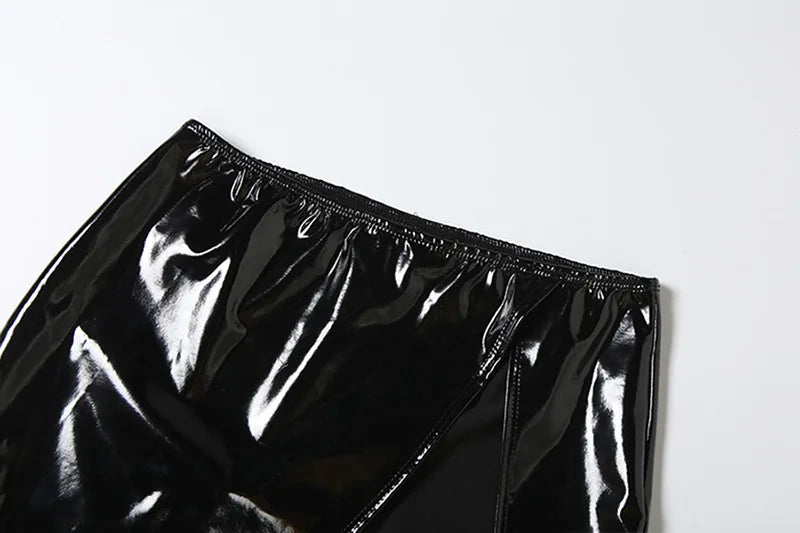 Two Piece Set Sheer Mesh Leather Patchwork Long Sleeve Bodysuit Top Slit Mini Skirt Sexy Black Club Outfit